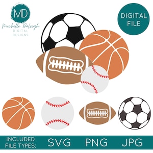 Baseball, Football Soccer Ball & Baseball Grouped and Seperate Files Cut Cutting File SVG PNG Sillhouette Cricut Cutter Vinyl HTV Sports Svg