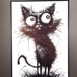 May include: Black and white line art drawing of a cat with a large, round eye. The cat is standing on its hind legs with its tail curled around its body. The cat is drawn in a cartoon style with exaggerated features.