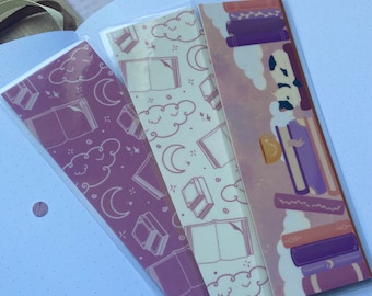 Purple Bookish Bookmark: Cat & Collage Design, Glossy Laminate