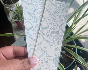 Cream bookish collage bookmark | bookish reading collage bookmark, cute book accessory, glossy holographic bookmark