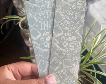 Blue bookish collage bookmark | dreamy reading collage bookmark, cute book accessory, glossy holographic bookmark