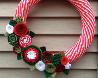 Christmas Wreath, Modern Wreath, Holiday Wreath, Candy Cane Wreath, Christmas Striped Ribbon Wreath, Felt Flower Wreath, Ribbon Wreath