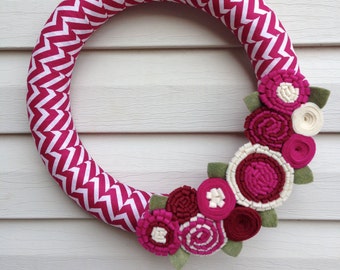 Spring Wreath - Summer Wreath - Chevron Wreath - Magenta Wreath - Felt Flower Wreath -Valentine Wreath -Mother's Day Wreath - Chevron fabric