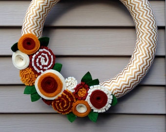 Fall Wreath, New Year's Wreath,  Autumn Wreath, Thanksgiving Wreath, Ribbon Wreath - Gold and Cream Chevron Wrapped Wreath w/ Felt Flowers