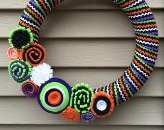 Striped Halloween Wreath – Handmade Felt Flower Decor, Fall Colors