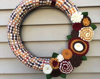 Fall Wreath, Thanksgiving Wreath, Autumn Wreath, Felt Flower Wreath, Holiday Wreath, Plaid Wreath, Fall Felt Wreath, Yarn Wreath, Felt