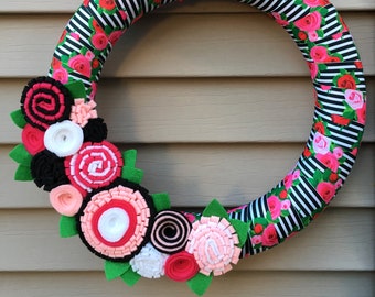 Spring Wreath - Summer Wreath - Rose Wreath - Felt Flower Wreath - RIbbon Wreath - Mother's Day Wreath - Felt Wreath - Spring Felt Wreath