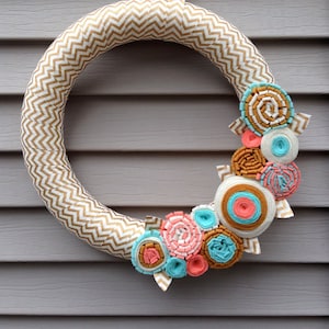 Chevron Fabric Wreath: Coral, Mint & Gold Felt Flowers, 12&quot; Handmade