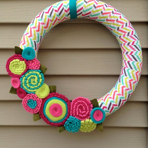 Easter Wreath - Spring Wreath - Mother's Day Wreath - Felt Flower Wreath - Ribbon Wreath - Felt Flower Wreath -Spring Decor - Striped Wreath