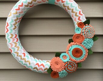 Spring Wreath - Easter Wreath - Chevron Wreath - Felt Flower Wreath - Spring Decor - Spring Felt Wreath - Felt Wreath - Yarn Wreath - Wreath