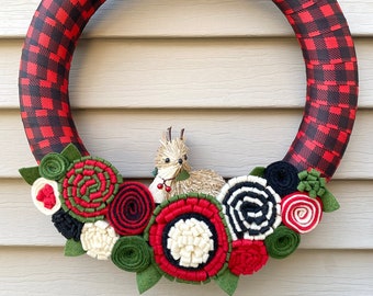 Felt Flower Christmas Wreath: Buffalo Plaid Holiday Decor