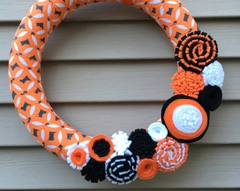 Handmade Halloween Wreath – Black & Orange Felt Flowers, 12"