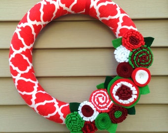 Christmas Wreath, Modern Wreath, Holiday Wreath, Patterned Wreath, Christmas Patterned Fabric Wreath, Felt Flower Wreath, Ribbon Wreath