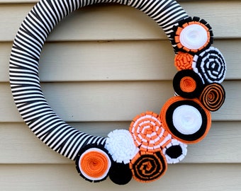 Striped Halloween Wreath: Black, White & Orange Felt Flowers (12 inch)