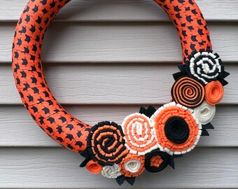 Handmade Halloween Wreath: Black Cat Ribbon & Felt Flowers