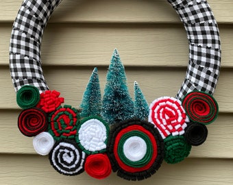 Christmas Wreath - Winter Wreath - Holiday Wreath - Christmas Tree Wreath - Felt Flower Wreath - Bottle Brush Wreath - Buffalo Plaid Wreath