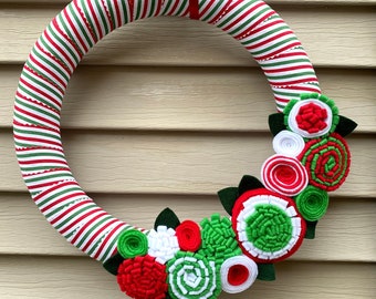 Felt Flower Christmas Wreath: Striped Holiday Door Decor