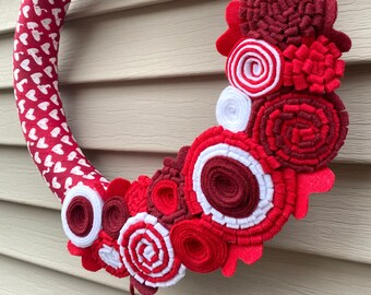 Handmade Valentine's Day Wreath: Red & White Felt Flower Heart, 12"