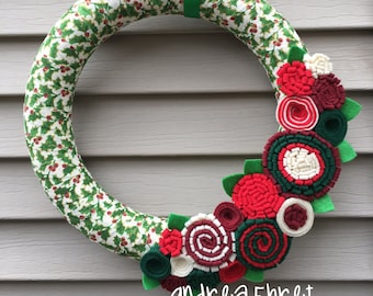 Handmade Christmas Wreath: Holly Fabric & Felt Flower Decor (12 inch)