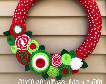Handmade Christmas Wreath: Polka Dot Fabric & Felt Flowers (12 inch)