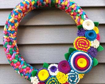 Felt Flower Easter Wreath: Jelly Bean Fabric, Spring Door Decor