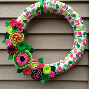 Spring Wreath Ribbon Wreath Wrapped in Patterned Fabric Decorated w/ Felt Flowers. Summer Wreath Mother's Day Wreath Felt Wreath image 3
