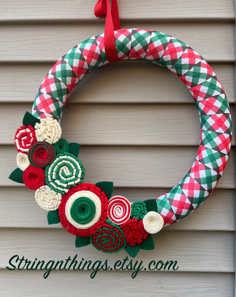 Christmas Wreath,Modern Wreath,Christmas plaid wreath,Wreath,Holiday Wreath, Felt Flower Wreath, tree Wreath, Felt Flowers, Christmas Ribbon image 7