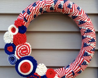 Handmade American Flag Wreath: Patriotic Felt Flower Decor (12 inch)