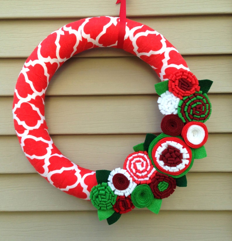 Christmas Wreath, Modern Wreath, Holiday Wreath, Patterned Wreath, Christmas Patterned Fabric Wreath, Felt Flower Wreath, Ribbon Wreath image 1