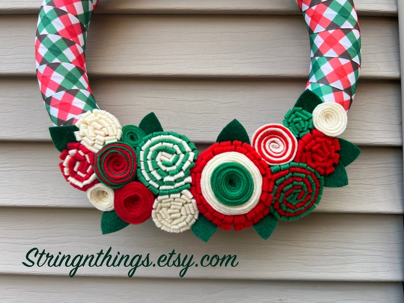 Christmas Wreath,Modern Wreath,Christmas plaid wreath,Wreath,Holiday Wreath, Felt Flower Wreath, tree Wreath, Felt Flowers, Christmas Ribbon image 8