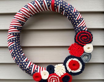 Handmade Patriotic Wreath: Red, White & Blue Star Fabric, Felt Flowers.  4th of July Wreath - Memorial Day Wreath - Patriotic Wreath