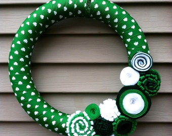 St. Patricks Day Wreath - Green & White Shamrock Ribbon Wreath decorated w/ felt flowers.  Shamrock Wreath - St. Patty's Wreath