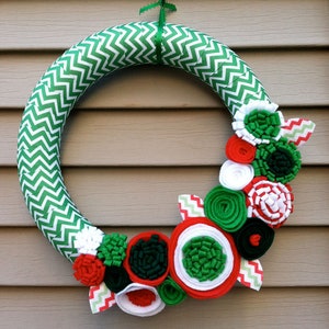 Christmas Wreath wrapped in Chevron Christmas Ribbon w/ felt flowers - Holiday Wreath - Christmas Wreath - Ribbon Wreath - Chevron Wreath