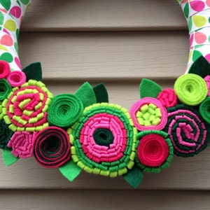 Spring Wreath Ribbon Wreath Wrapped in Patterned Fabric Decorated w/ Felt Flowers. Summer Wreath Mother's Day Wreath Felt Wreath image 5