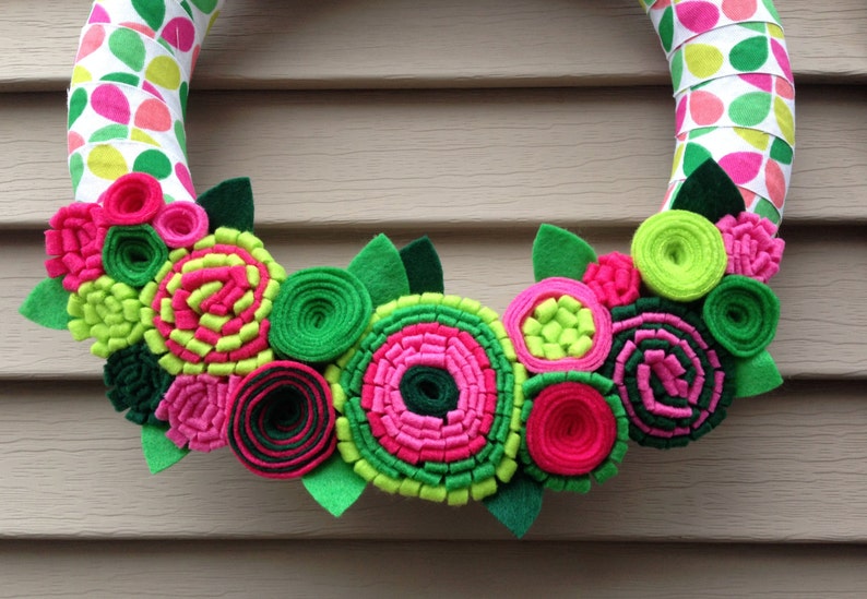 Spring Wreath Ribbon Wreath Wrapped in Patterned Fabric Decorated w/ Felt Flowers. Summer Wreath Mother's Day Wreath Felt Wreath image 5