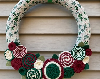 Couronne de Noël de fleurs en feutre : décoration d'arbre des Fêtes faite main (12 pouces)