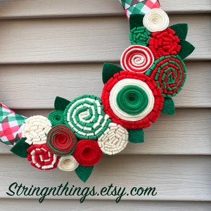 Christmas Wreath,Modern Wreath,Christmas plaid wreath,Wreath,Holiday Wreath, Felt Flower Wreath, tree Wreath, Felt Flowers, Christmas Ribbon image 2