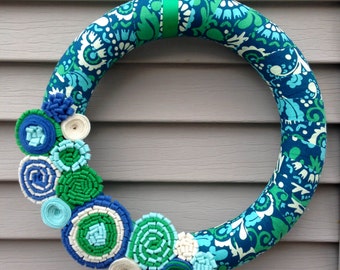 Spring Wreath - Summer Wreath - Felt Flower Wreath - Mother's Day Wreath - Fabric Wreath - Flower Wreath - Blue Wreath - Yarn Felt Wreath