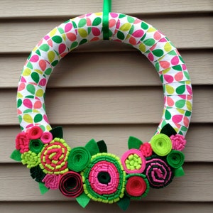 Spring Wreath Ribbon Wreath Wrapped in Patterned Fabric Decorated w/ Felt Flowers. Summer Wreath Mother's Day Wreath Felt Wreath image 2