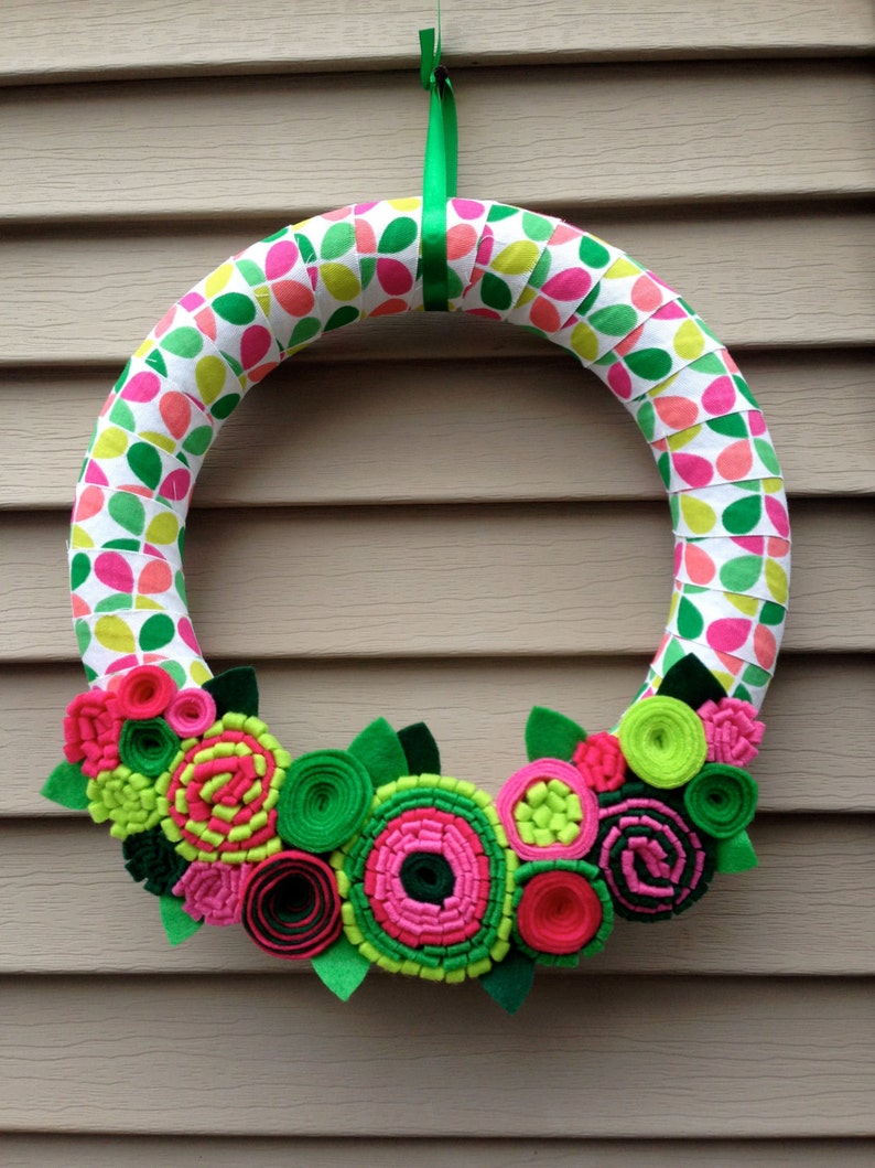 Spring Wreath Ribbon Wreath Wrapped in Patterned Fabric Decorated w/ Felt Flowers. Summer Wreath Mother's Day Wreath Felt Wreath image 2