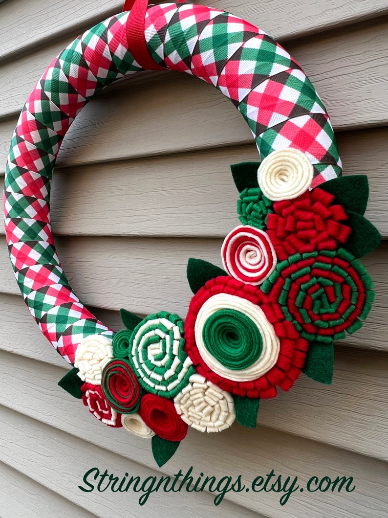 Christmas Wreath,Modern Wreath,Christmas plaid wreath,Wreath,Holiday Wreath, Felt Flower Wreath, tree Wreath, Felt Flowers, Christmas Ribbon image 1