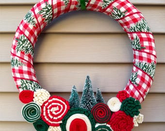 Christmas Tree Wreath – Buffalo Plaid Ribbon & Felt Flowers