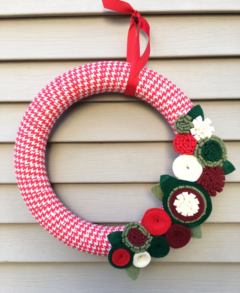 Primitive Wreath Houndstooth Wreath Wreath Felt Flower Wreath Ribbon Wreath Houndstooth Fabric Wreath Christmas Wreath Holiday Wreath