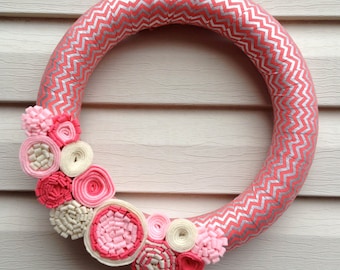 Valentine's Day Wreath: Handmade Salmon & Silver Chevron Felt Flower Decor
