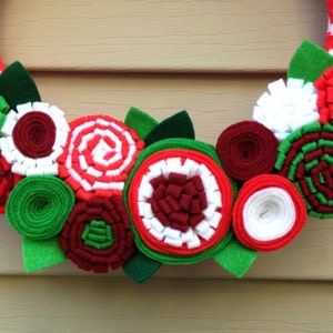 Christmas Wreath, Modern Wreath, Holiday Wreath, Patterned Wreath, Christmas Patterned Fabric Wreath, Felt Flower Wreath, Ribbon Wreath image 5