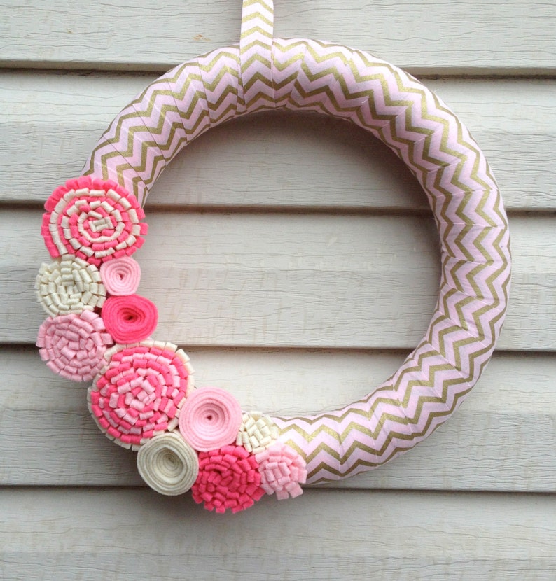 Valentines Day Wreath Valentine Wreath PInk & Gold Chevron Wreath Chevron Wreath Felt Flower Wreath Pink Baby Shower Wreath Pink image 3