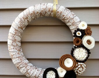 New Year's Wreath Wrapped in Gold & Cream Ribbon decorated w/ felt flowers. Holiday Wreath - Christmas Wreath - Ribbon Wreath - Felt Flowers