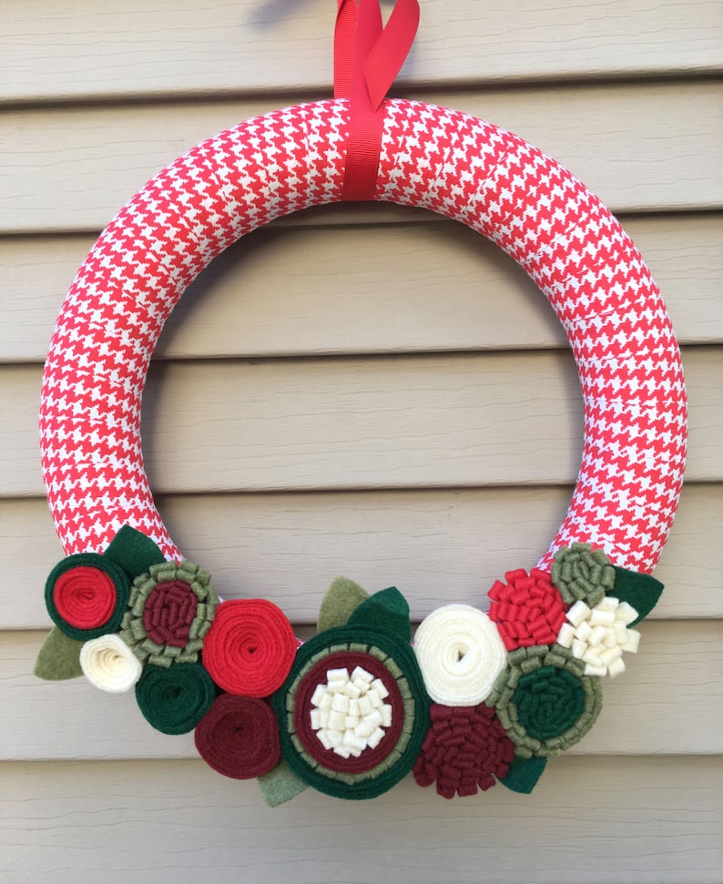 Primitive Wreath Houndstooth Wreath Wreath Felt Flower Wreath Ribbon Wreath Houndstooth Fabric Wreath Christmas Wreath Holiday Wreath