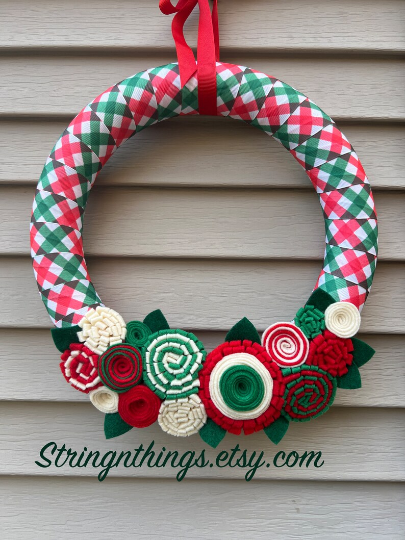 Christmas Wreath,Modern Wreath,Christmas plaid wreath,Wreath,Holiday Wreath, Felt Flower Wreath, tree Wreath, Felt Flowers, Christmas Ribbon image 3