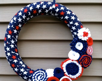 Handmade Patriotic Wreath: Red, White & Blue Star Fabric, Felt Flowers